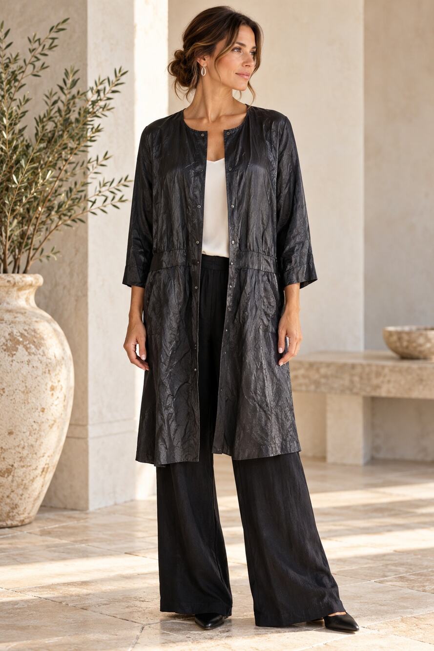 Eileen Fisher Steel Satin Coat Crinkle Snap Front Black L Jacket Luxe